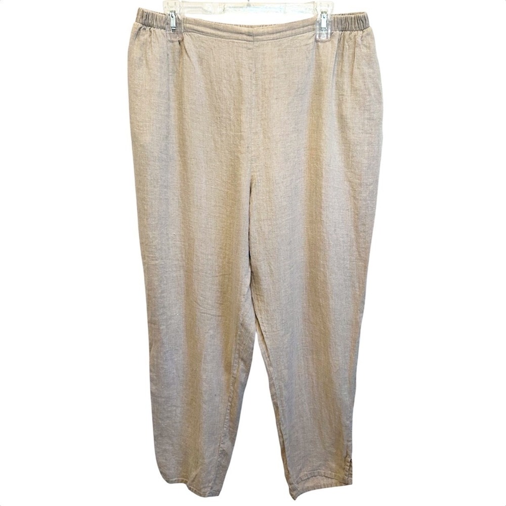Flax Linen Pants Large Beige Ankle High Waist Relaxed Coastal Beach Boho Pull On